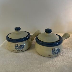 VTG Jacaman Pottery Rooster 1983 Handle Soup Stoneware Bowls W Lids Set of 2
